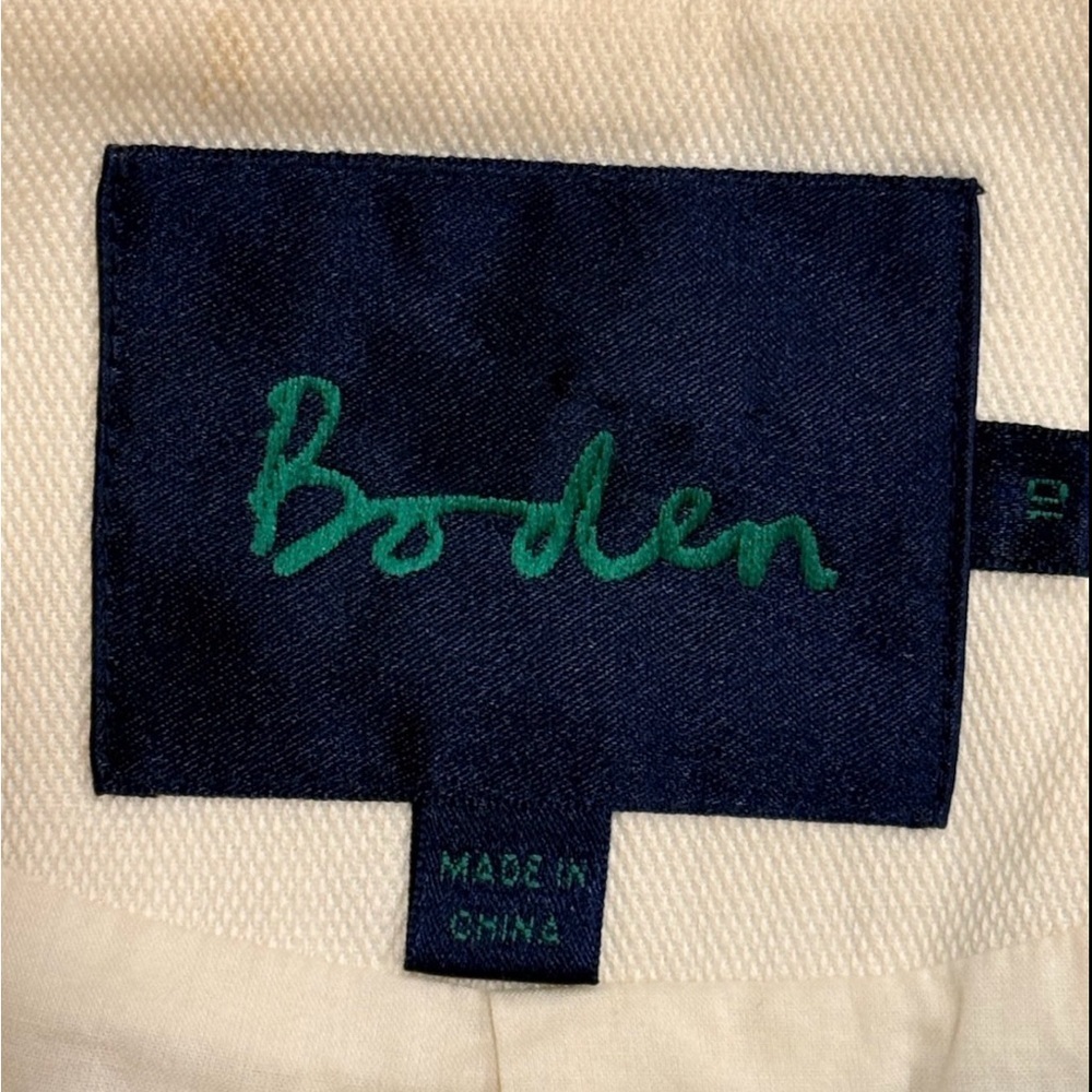Boden Agar Trench Coat Cream Navy Contrast Trim Wood Buttons Size 10 - Picture 9 of 11